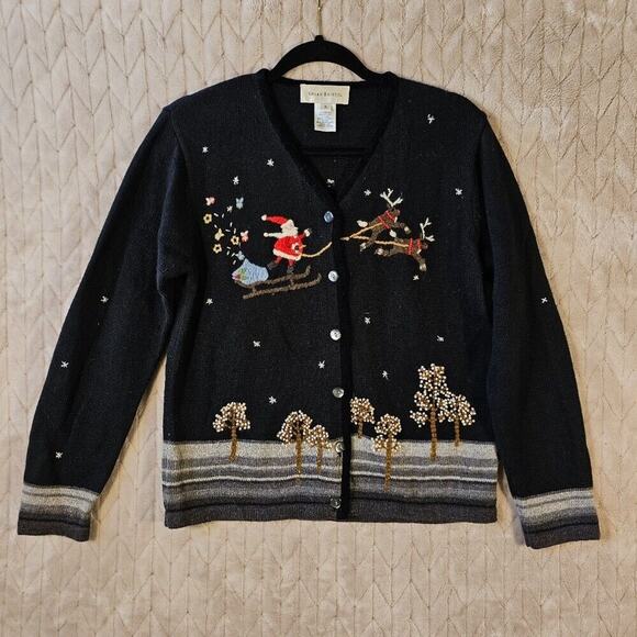 VTG Susan Bristol Christmas Cardigan Womens S Hand Embroidered Santa Reindeer - Picture 1 of 11
